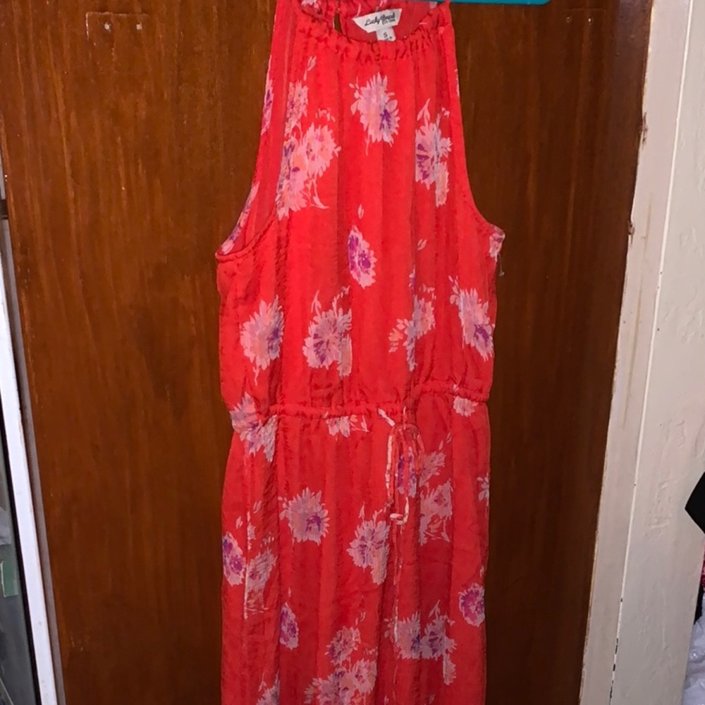 Lucky Brand Pop Floral Halter Midi Dress Small Red Sheer Boho Lined Cocktail